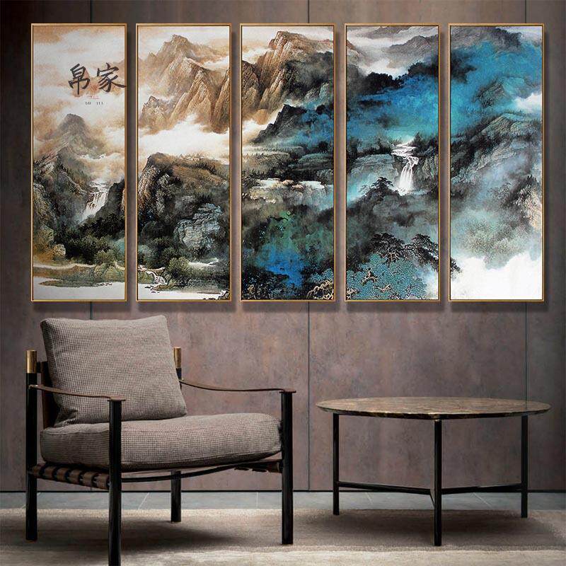 竖版玄关装饰画新中式山水风景画书房卧室水墨挂画沙发背景墙壁画