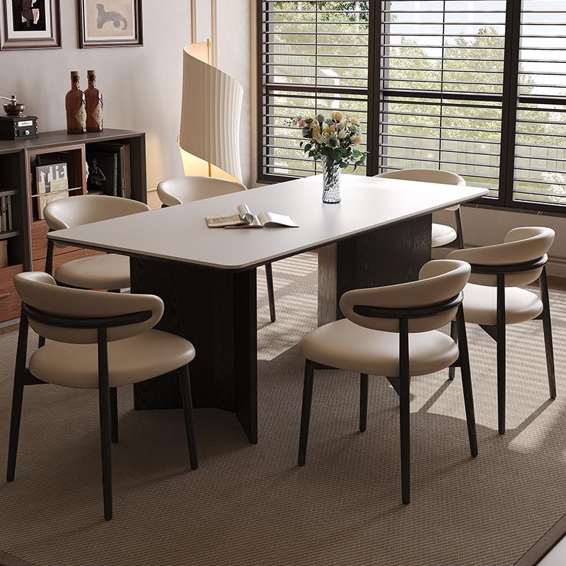 复古风黑色实木岩板餐桌餐椅组合家用小户型餐厅现代简约吃饭桌子