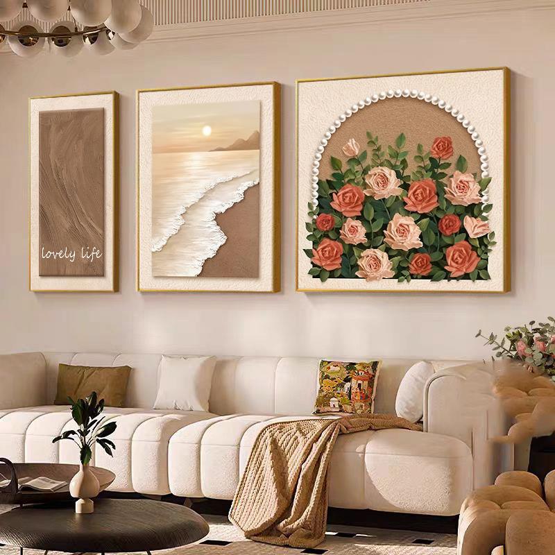 法式覆古客厅装饰画 画玫瑰花卉沙发背景墙挂画 画轻奢高级感艺术
