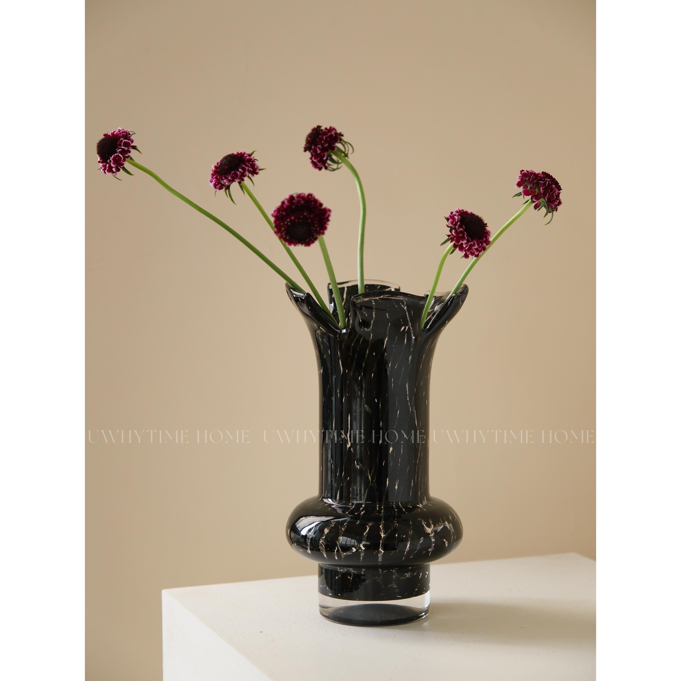 北欧ins风黑色肌理花朵口中古花瓶琉璃玻璃花器插花摆件民宿软装