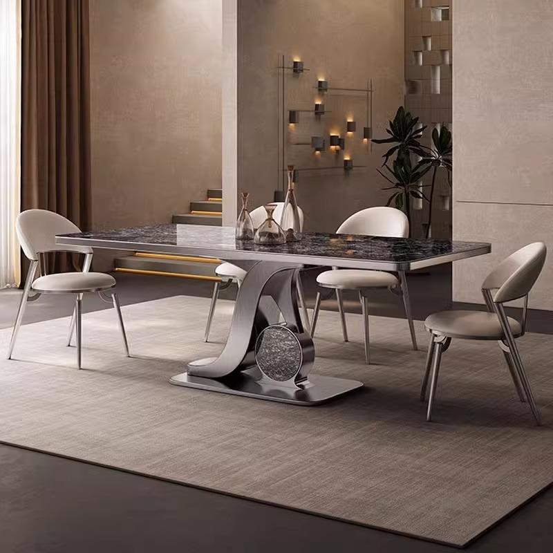 意式轻奢不锈钢岩板餐桌长方形奢石餐桌椅客厅家用极简小户型饭桌