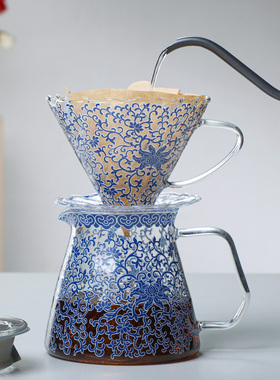 五家务咖啡壶青花瓷玻璃咖啡壶套装分享壶V60咖啡滤杯容量400毫升