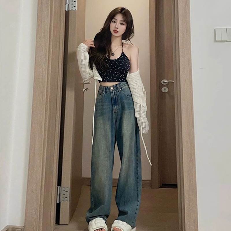 美式高街直筒牛仔裤女夏季薄款2023新款复古宽松高腰阔腿裤子春秋