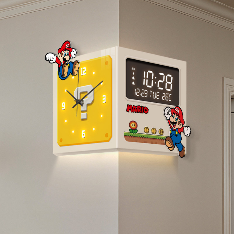 玛利欧客厅转角时钟挂墙创意万年历电子钟拐角装饰高级感双面挂钟