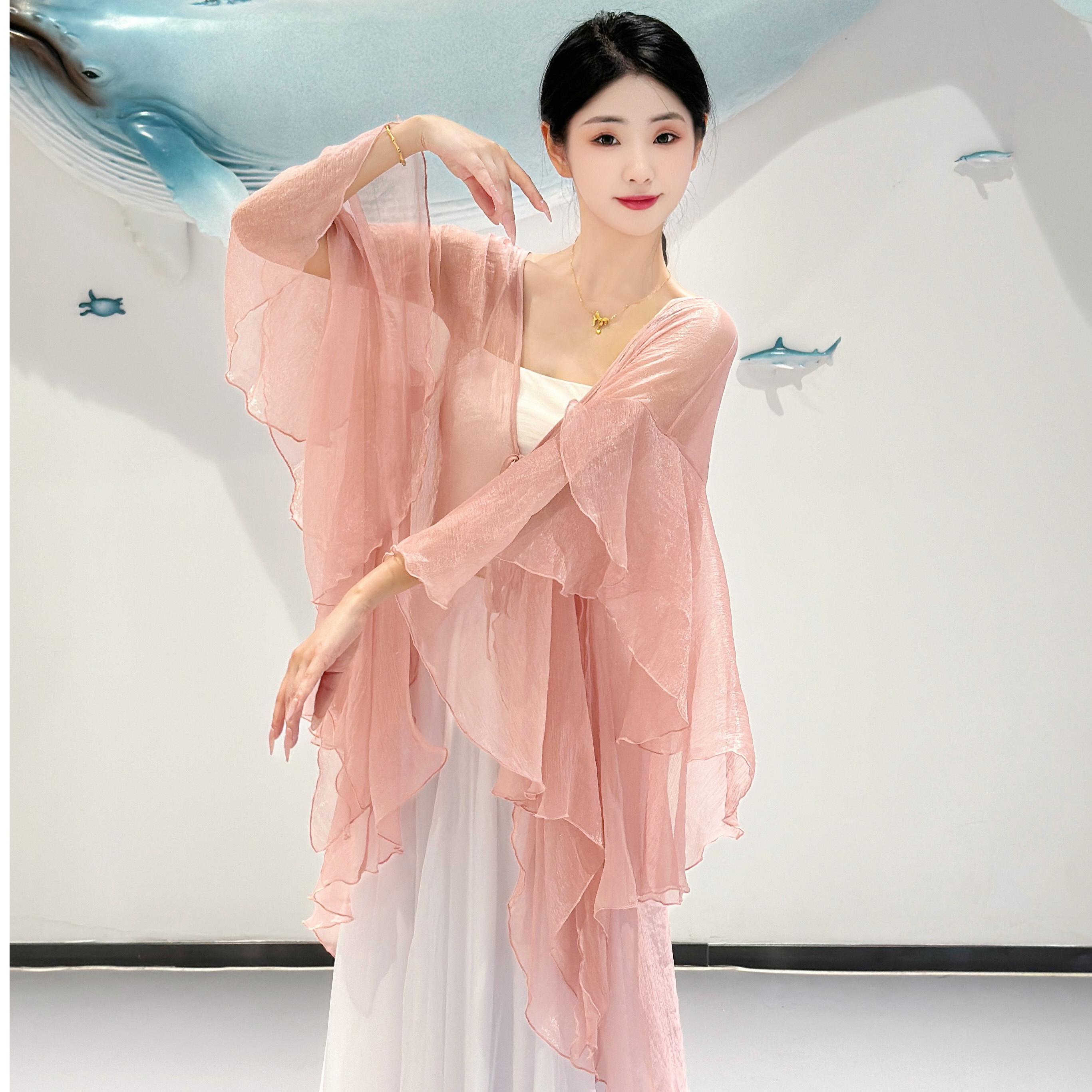 古典舞花瓣袖国风长衫飘逸仙气舞蹈服现代舞女演出服日常防晒衫服