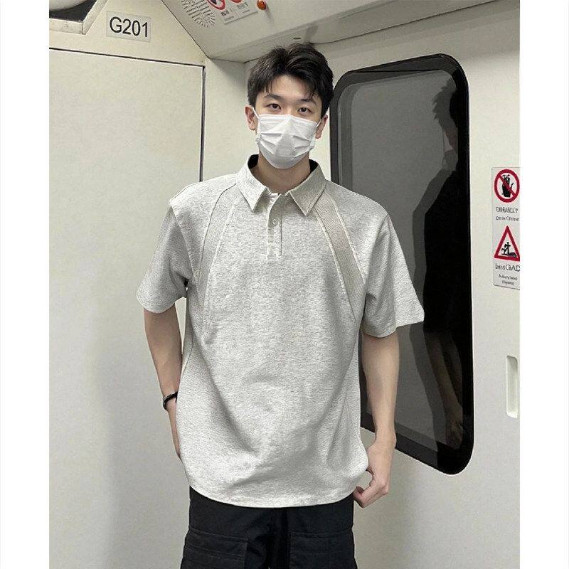 美式正肩polo衫短袖t恤男夏季拼接翻领衬衫重磅硬挺boxy版型上衣 - 实物图