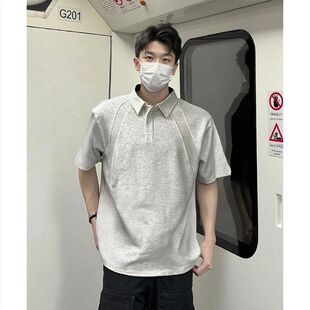 美式正肩polo衫短袖t恤男夏季拼接翻领衬衫重磅硬挺boxy版型上衣
