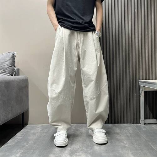 春夏新款纯色运动休闲裤男生抽绳松紧腰宽松阔腿弯刀裤百搭直筒裤