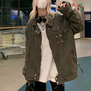 春秋款复古小众vibe风设计感金属铆钉翻领宽松牛仔夹克外套学生潮