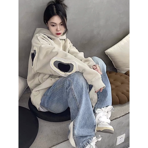 春秋款美式刺绣贴布宽松大码320克连帽卫衣潮牌新款休闲帽衫男女