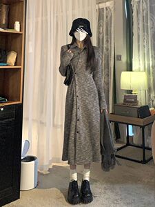 长袖针织连衣裙女2024秋冬季新款收腰气质设计感小众打底内搭长裙