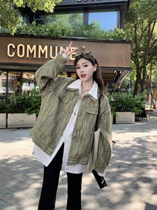 大码女装韩版胖MM宽松显瘦假两件拼接外套秋季设计感小香风上衣潮