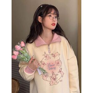 大码胖mm300斤兔子polo领卫衣女春秋设计感小众半拉链外穿上衣240