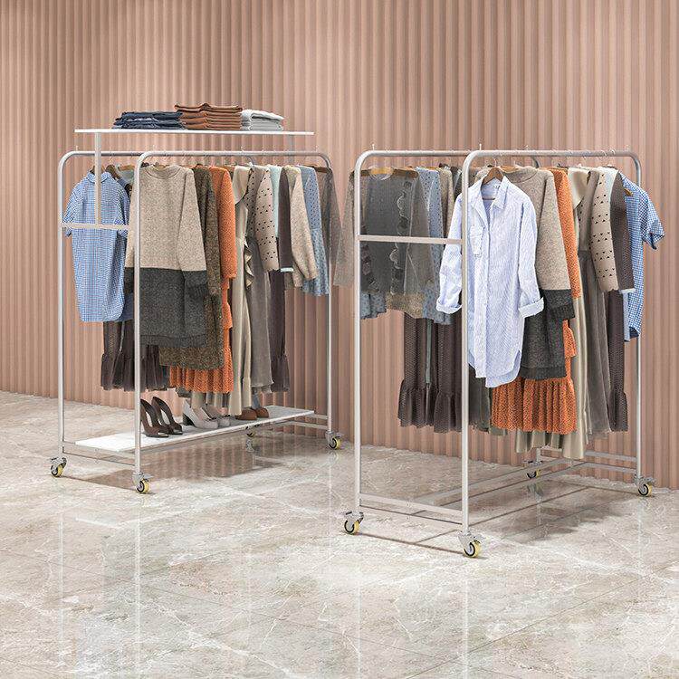 服装店双排中岛展示架不锈钢双杠带轮童装挂衣架女装店铺中间货架