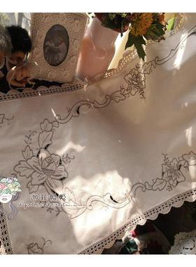 清库存@特惠 外贸原单手工细线 线勾边镶拼手工绣花 桌旗 白色米