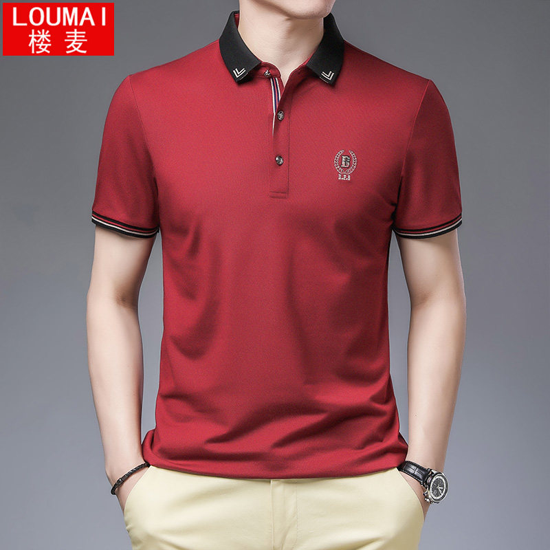 短袖t恤男士本命年红色婚庆夏装冰丝光棉带领刺绣POLO衫爸爸上衣