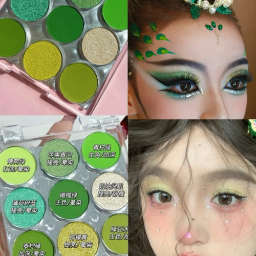 青柠绿九色眼影盘蓝绿色眼影儿童舞台妆表演彩色九宫格便携式眼影