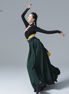 藏族舞蹈服我的九寨绿色长裙民族舞弦子艺考级练习裙广场表演出服
