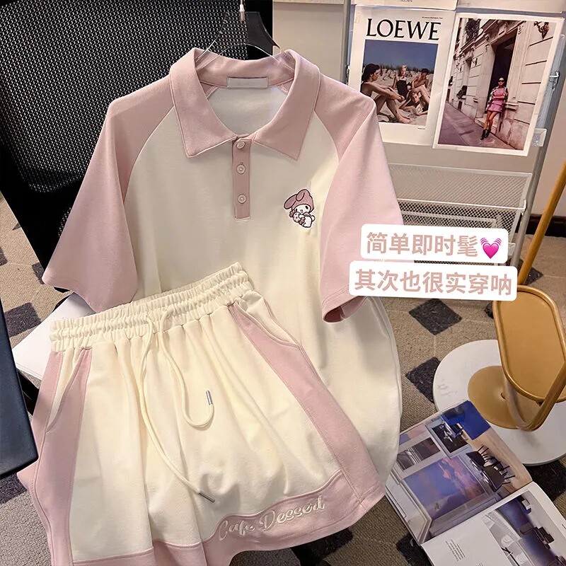 森女休闲运动服套装女夏季可爱减龄拼色POLO领短袖短裤学生两件套