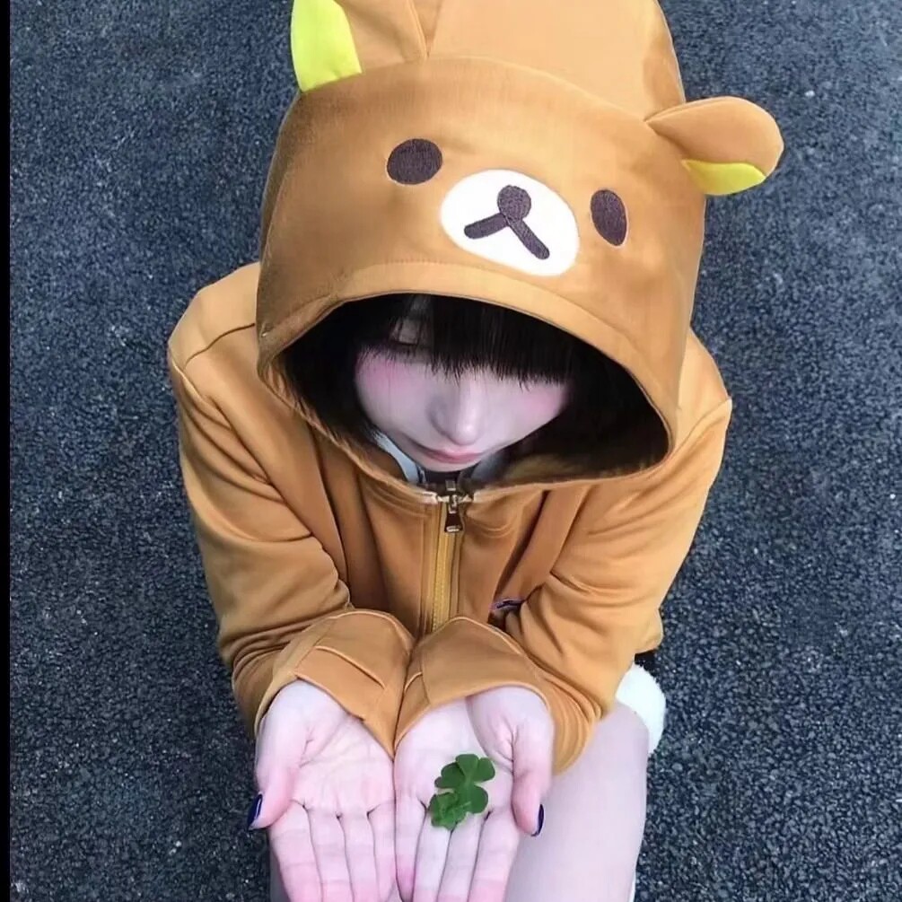 现货薄款熊耳朵日系可爱连帽宅宅萌感二次元长袖短袖拉链外套卫衣