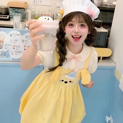 现货日系学院风夏季穿搭甜美风原创小狗黄色纯棉花苞裙宽松连衣裙
