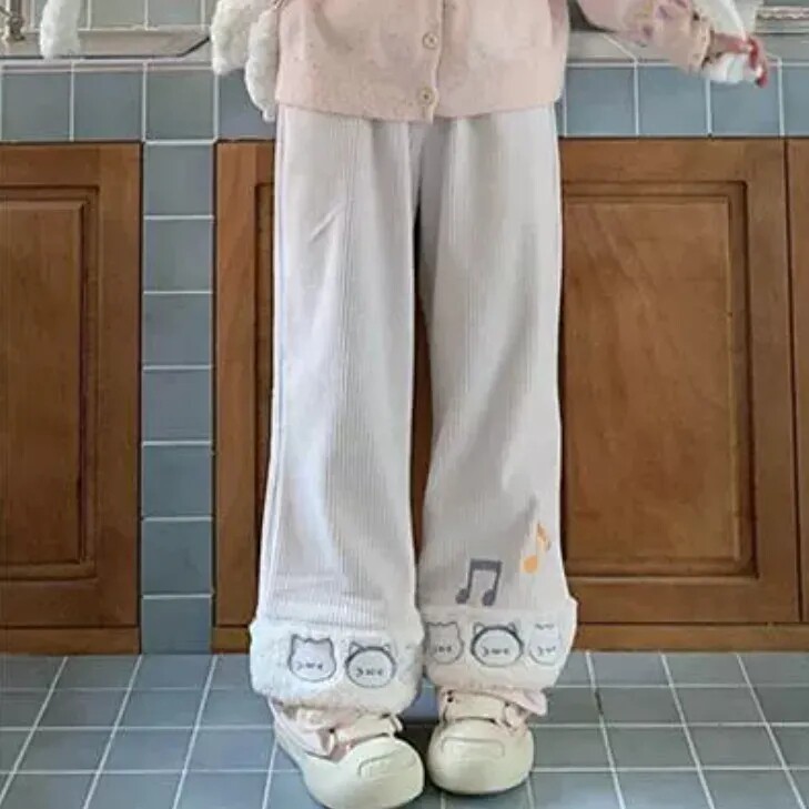现货日系可爱秋冬灯芯绒阔腿长裤