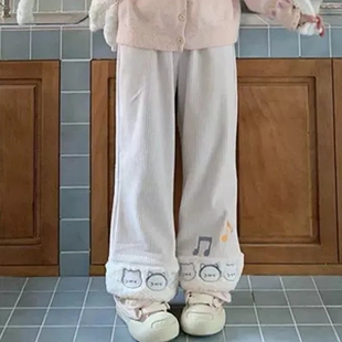 现货日系可爱秋冬灯芯绒阔腿长裤女软妹加绒加厚直筒宽松休闲裤子