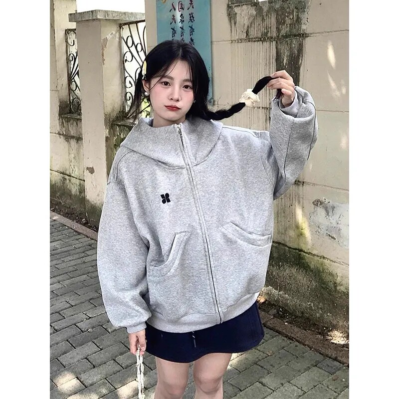 秋冬加厚高领连帽开衫卫衣女款