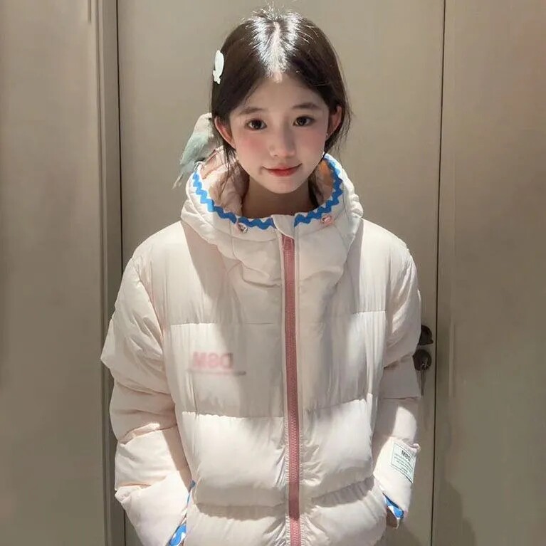 韩系甜妹粉色连帽加厚棉服保暖女