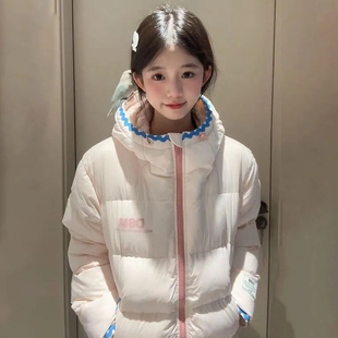 韩系可爱甜妹粉色字母连帽加厚棉服外套女冬季保暖宽松设计感外套