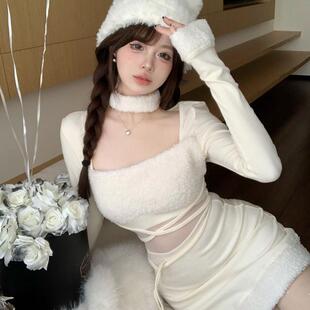 甜美奶系软妹毛毛拼接公主连衣裙秋冬新款辣妹收腰显瘦包臀短裙女