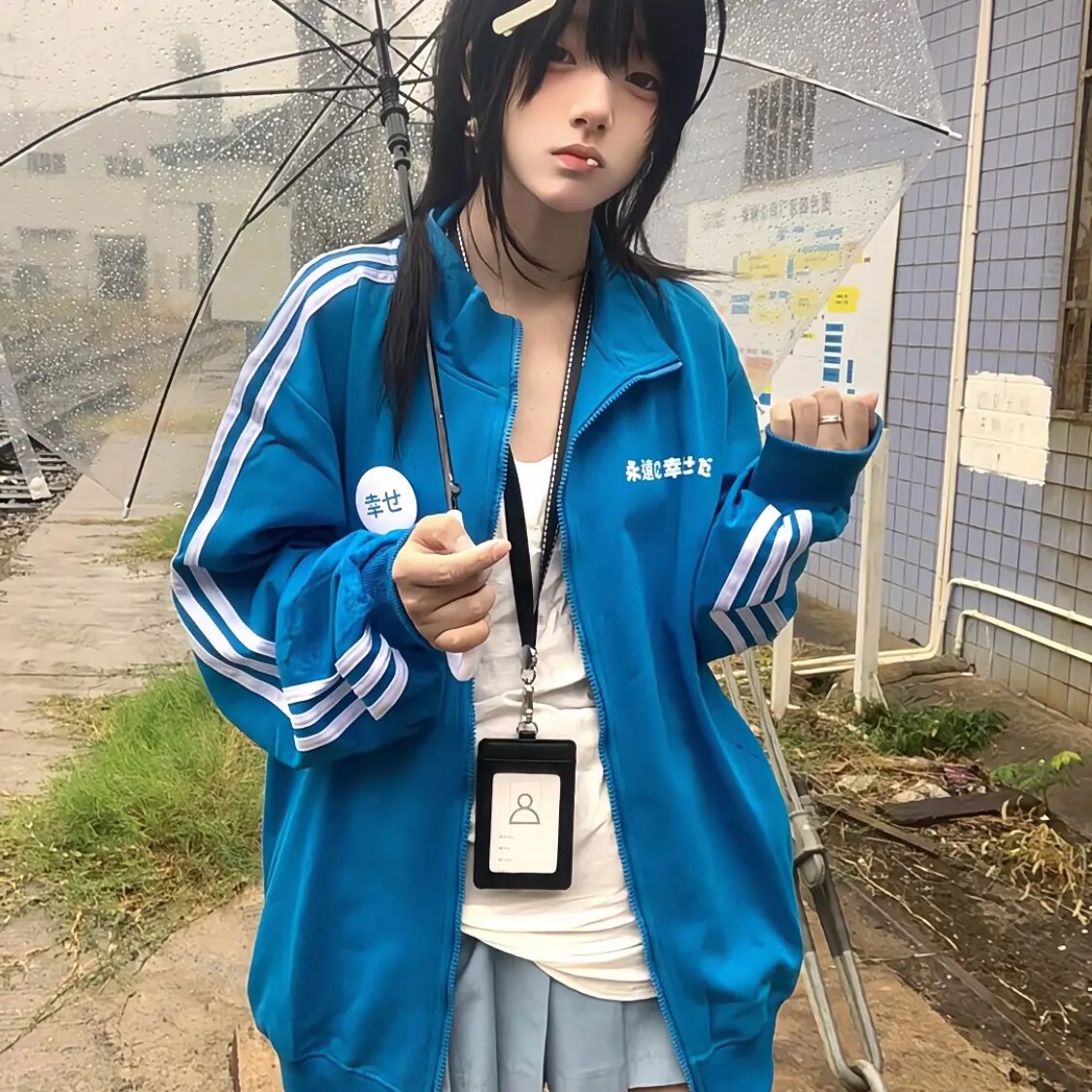 潮美式复古三条杠运动外套女春秋新款宽松休闲百搭情侣款夹克上衣
