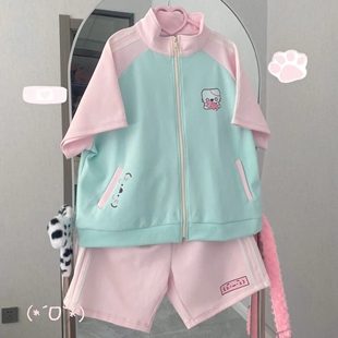 外套短裤 夏季 休闲少女套装 短袖 两件套 可爱多巴胺软妹日系运动新款