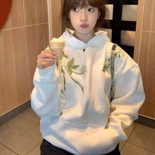 美式环绕花卉刺绣字母白色连帽卫衣女秋冬复古宽松设计感小众外套