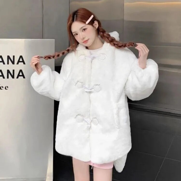 冬季日系仿獭兔毛兔耳加绒棉服女
