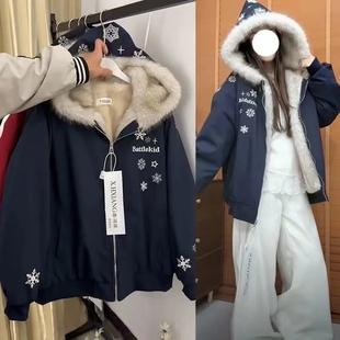 美式潮情侣雪花刺绣加绒毛领连帽座山雕棉服男女冬季保暖宽松外套