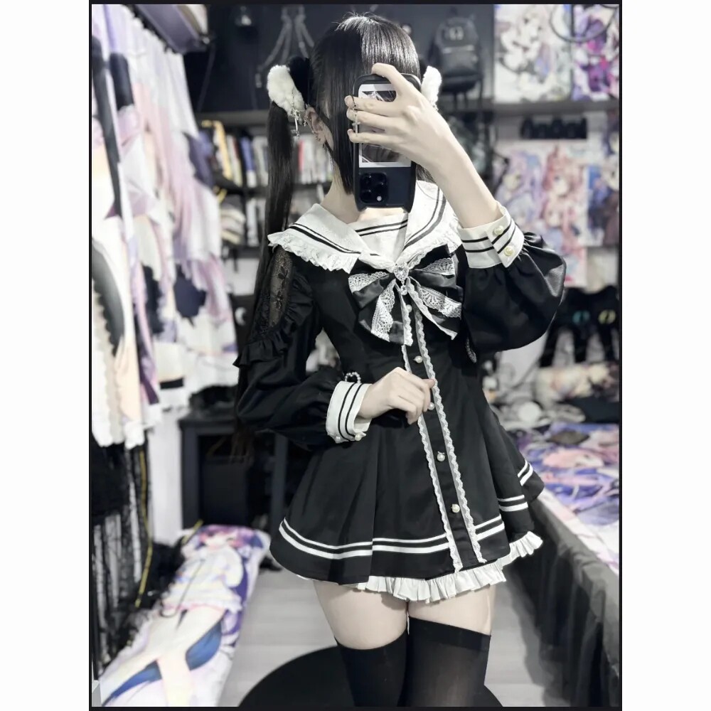 赫本风一整套水手服海军领衬衫裙蕾丝修身连衣裙学院少女制服套装