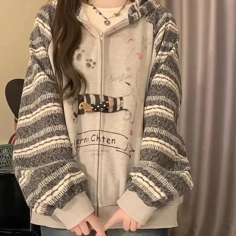 美式复古腊肠狗开衫卫衣女秋季设计感小众宽松插肩学院风薄款外套
