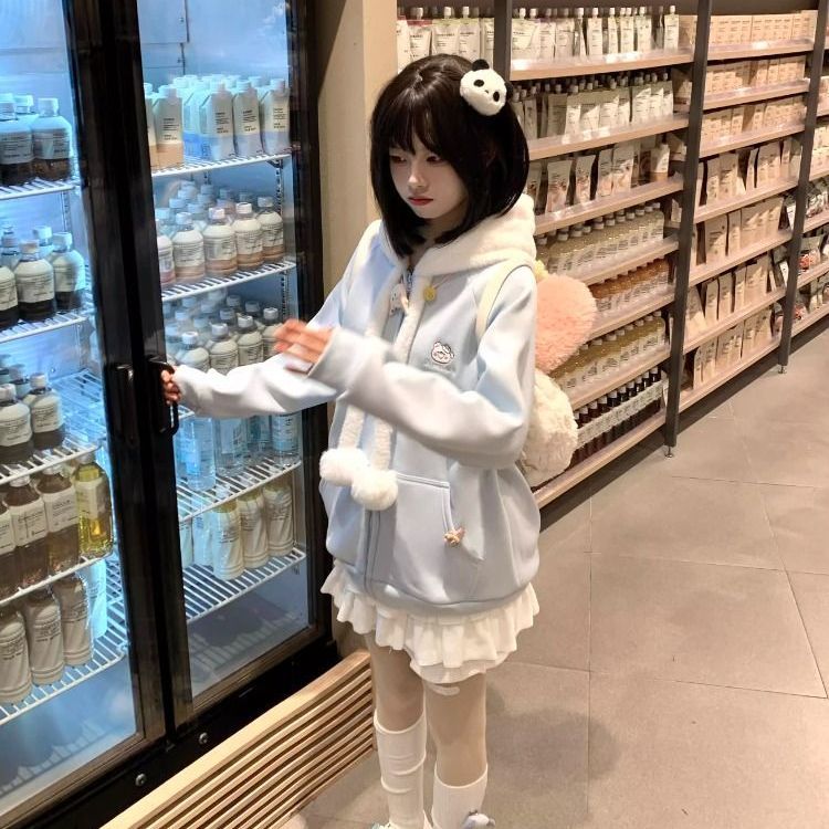 现货毛茸茸小熊连帽开衫卫衣春秋