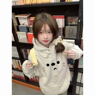 现货秋冬宽松小众加绒加厚连帽外套重磅纯棉美式街头感纽扣卫衣女