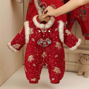 婴儿冬季款衣服加绒夹棉分体套装周岁礼服百天过男女童宝宝拜年服