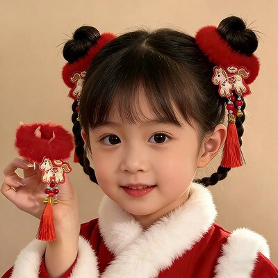 儿童新年毛绒发圈头绳女童红色小马流苏头花过年新款可爱皮筋发饰
