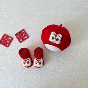 宝宝帽子婴儿秋冬款儿童围巾男女童秋冬季过年护耳红色新年醒狮帽