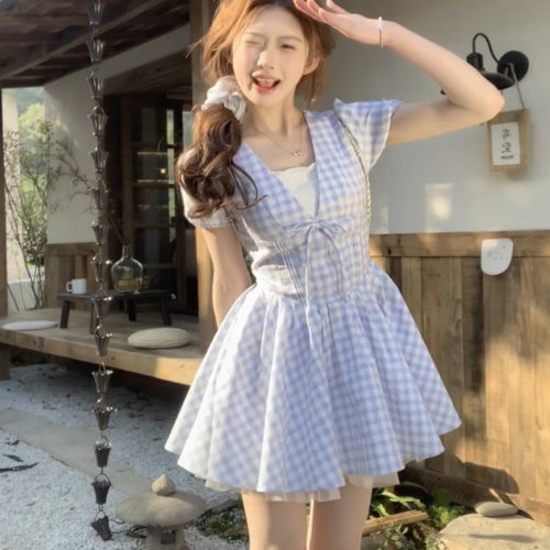 夏季蓝色假两件V领洋装女