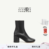 皮鞋 MM6黑色女士粗高跟羊皮革及踝靴中筒靴7cm时尚 休闲通勤女鞋