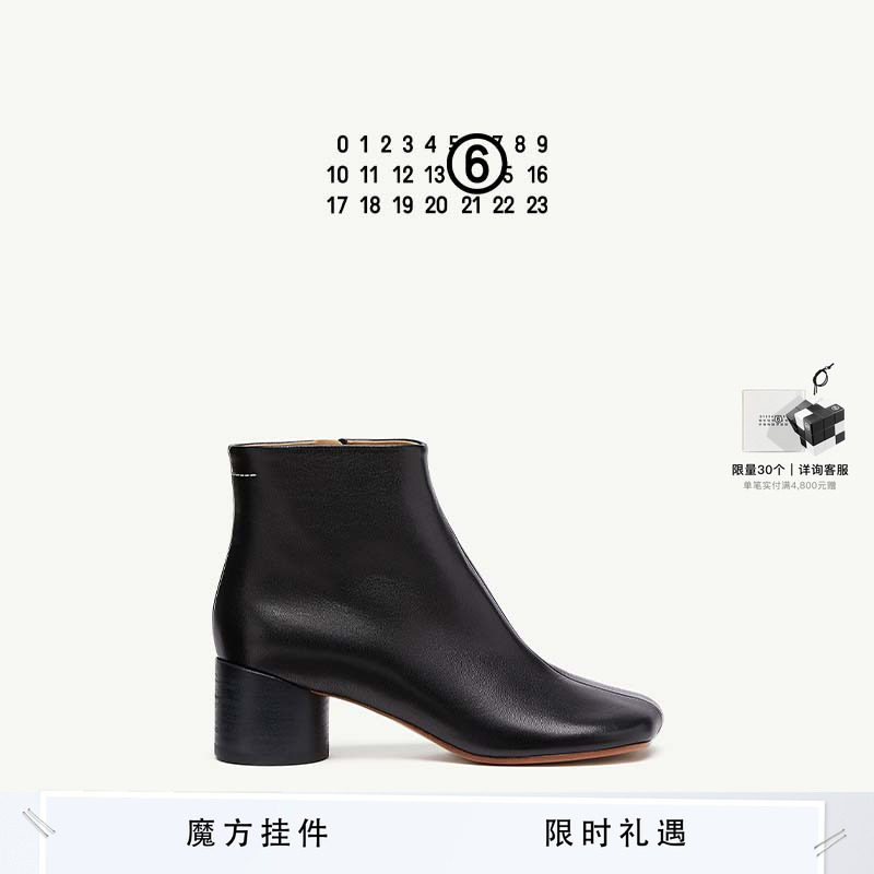 MM6女士羊皮粗跟中筒靴