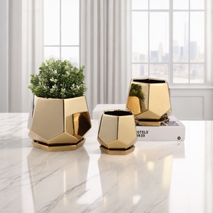 电镀金色陶瓷花盆北欧风格 带瓷托盘家居室内婚房土培花盆几何形状