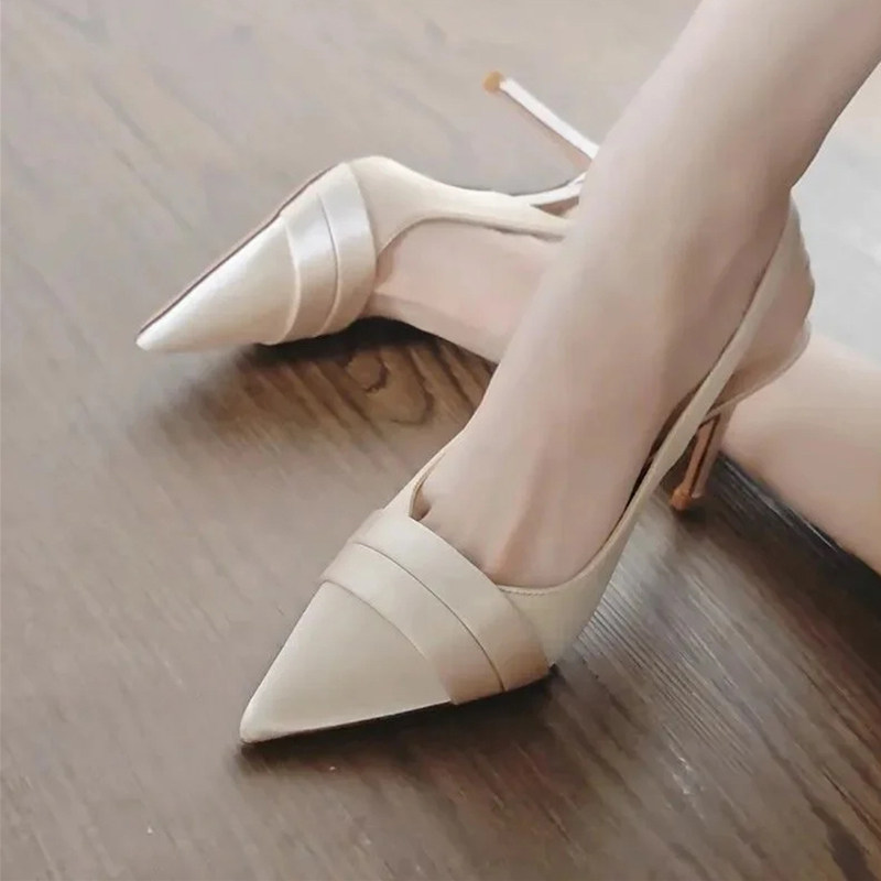 2026新款夏季包头凉鞋女款一字带性感后空高跟鞋女细跟百搭绸缎鞋