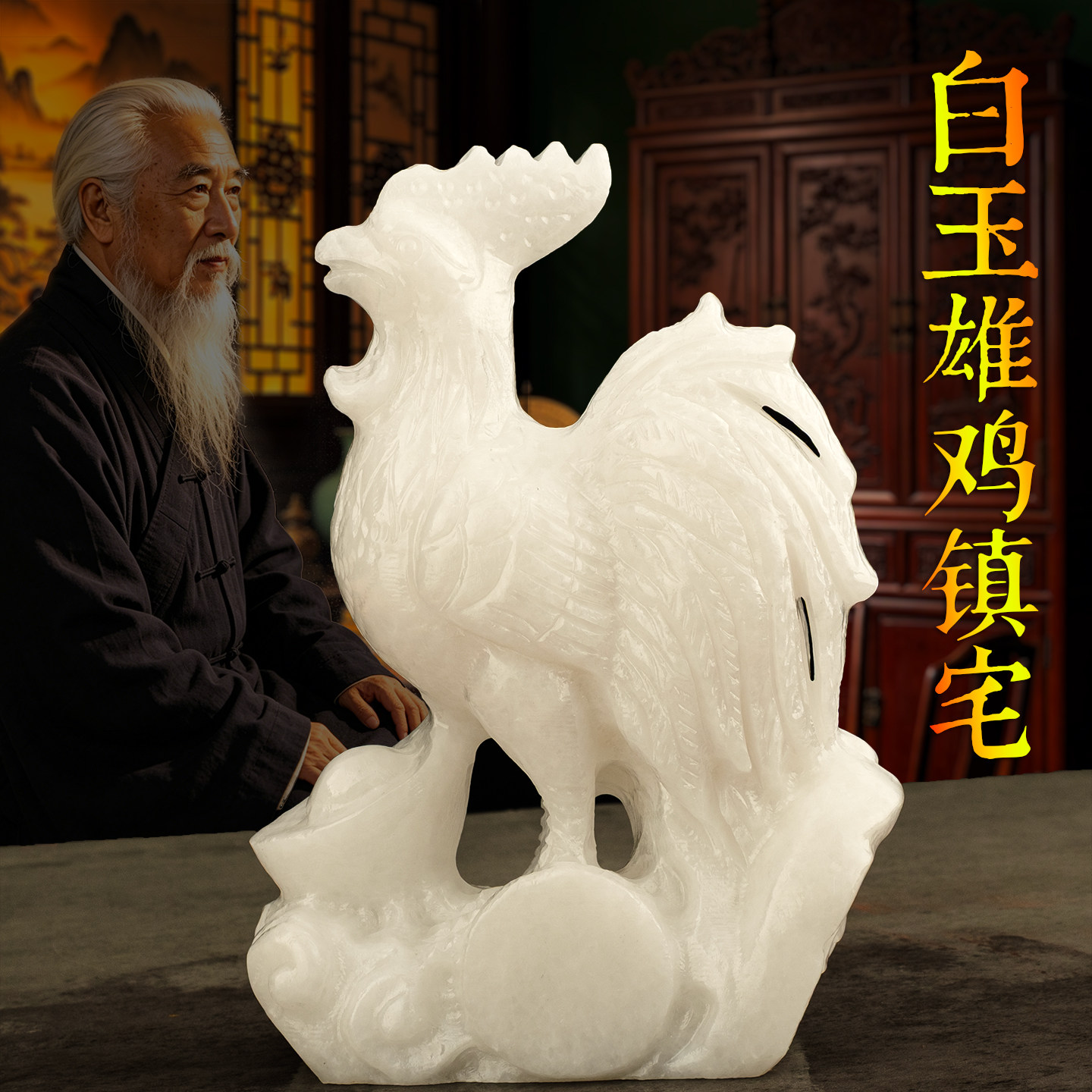 白玉雄鸡中式招财镇宅摆件