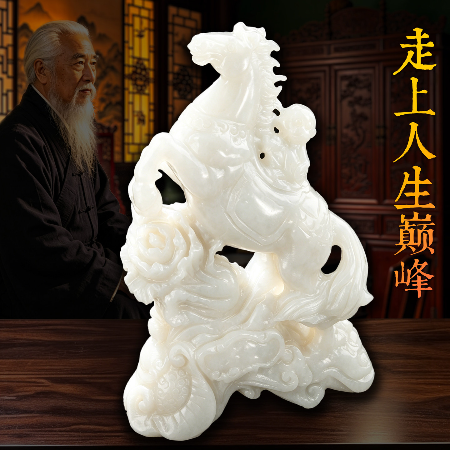 中式玉石马上封侯招财摆件